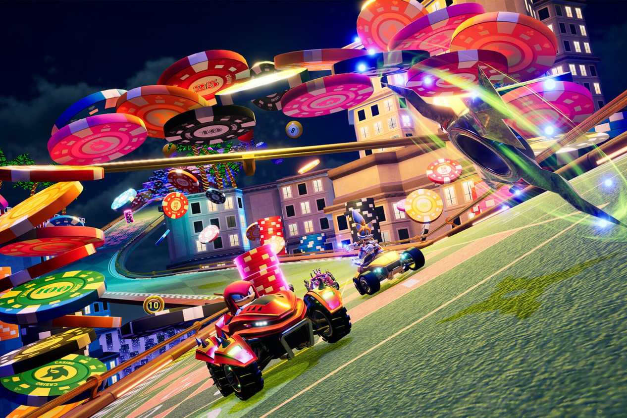 Sonic Racing Crossworlds knuckles and tails driving around casino chips