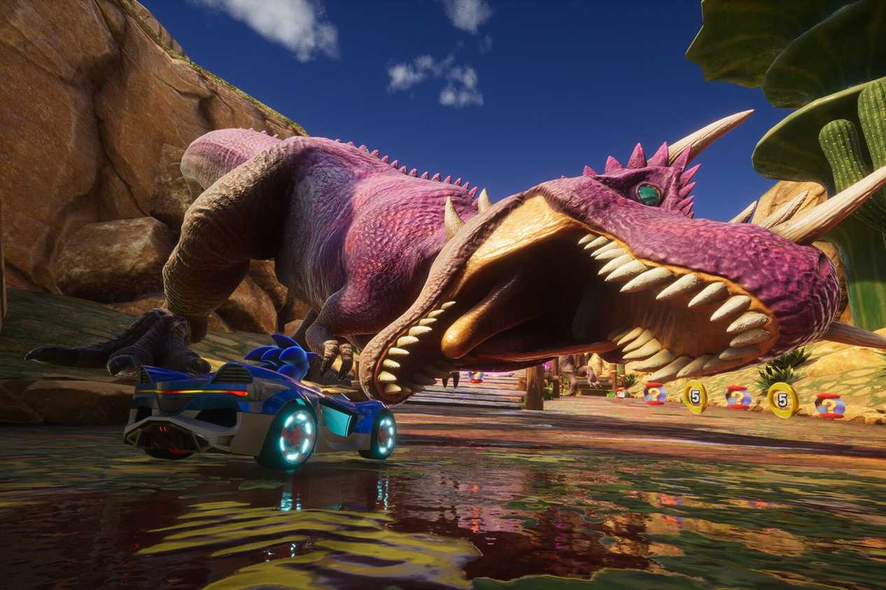 Sonic Racing Crossworlds sonic driving by dinosaur