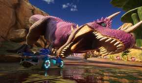 Sonic Racing Crossworlds sonic driving by dinosaur