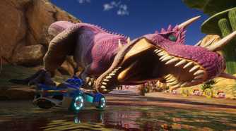 Sonic Racing Crossworlds sonic driving by dinosaur