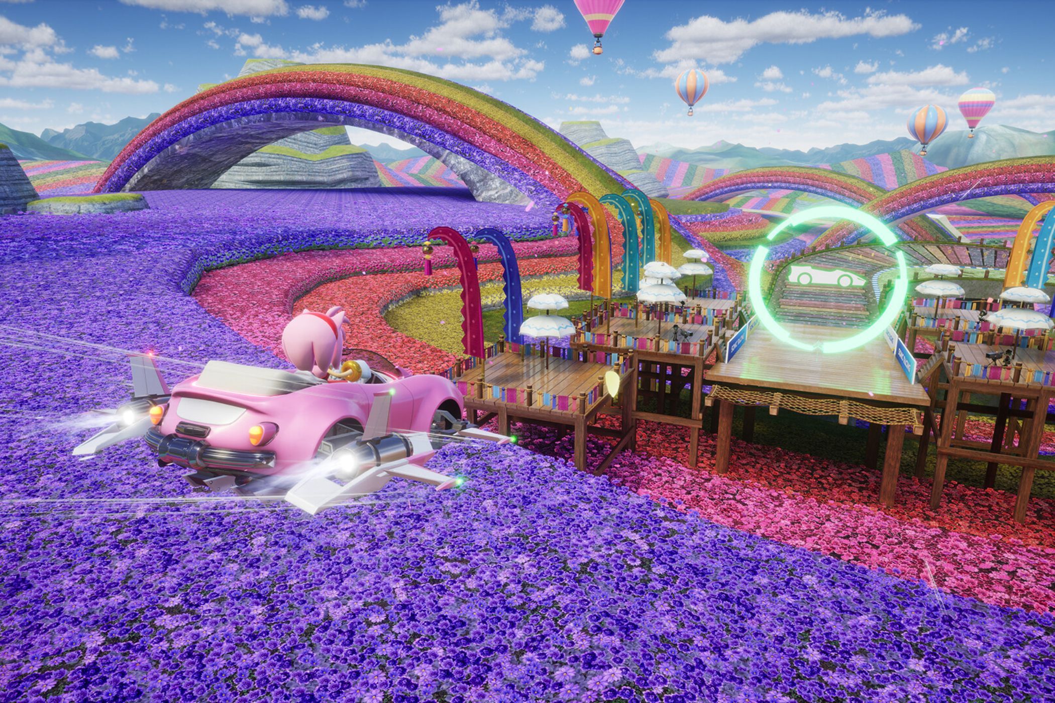 Sonic Racing Crossworlds amy driving in flower field