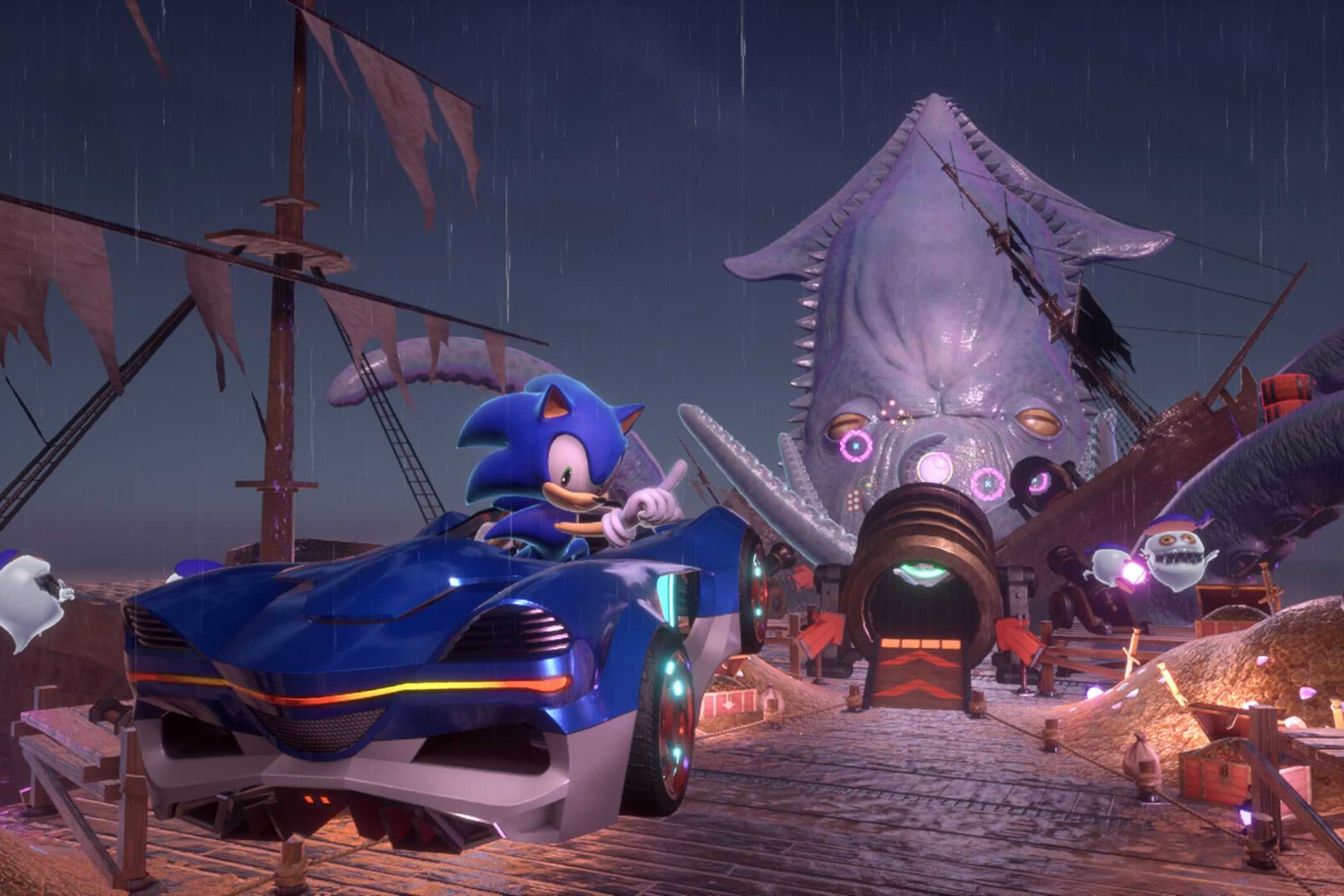 Sonic Racing Crossworlds sonic driving on pier