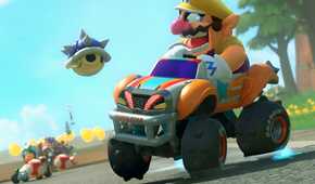 An image from Mario Kart World, showing Wario angrily looking at a flying blue shell coming his way.