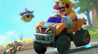 An image from Mario Kart World, showing Wario angrily looking at a flying blue shell coming his way.