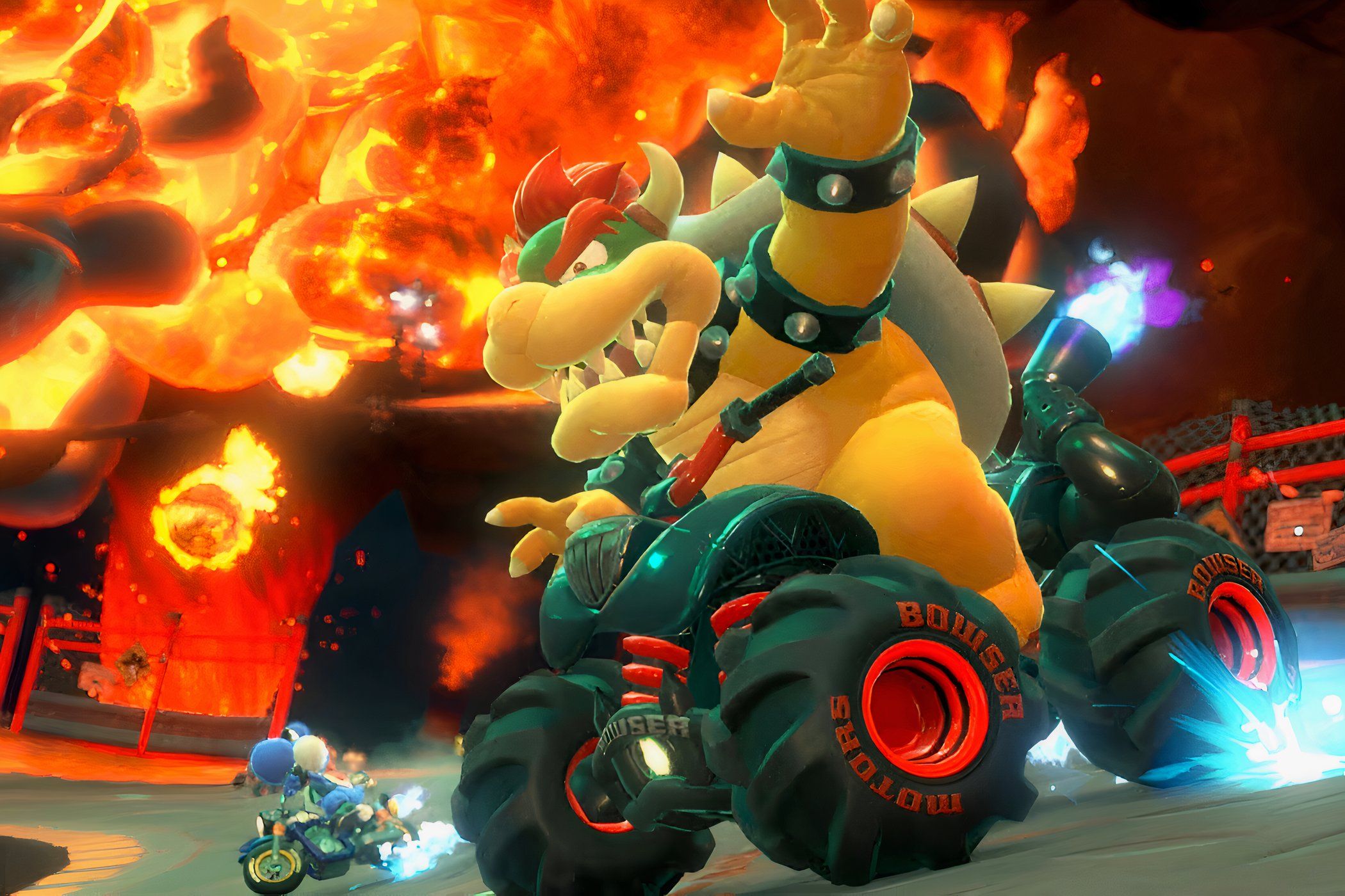 An image from Mario Kart World, showing Bowser the dragon on a racing kart.
