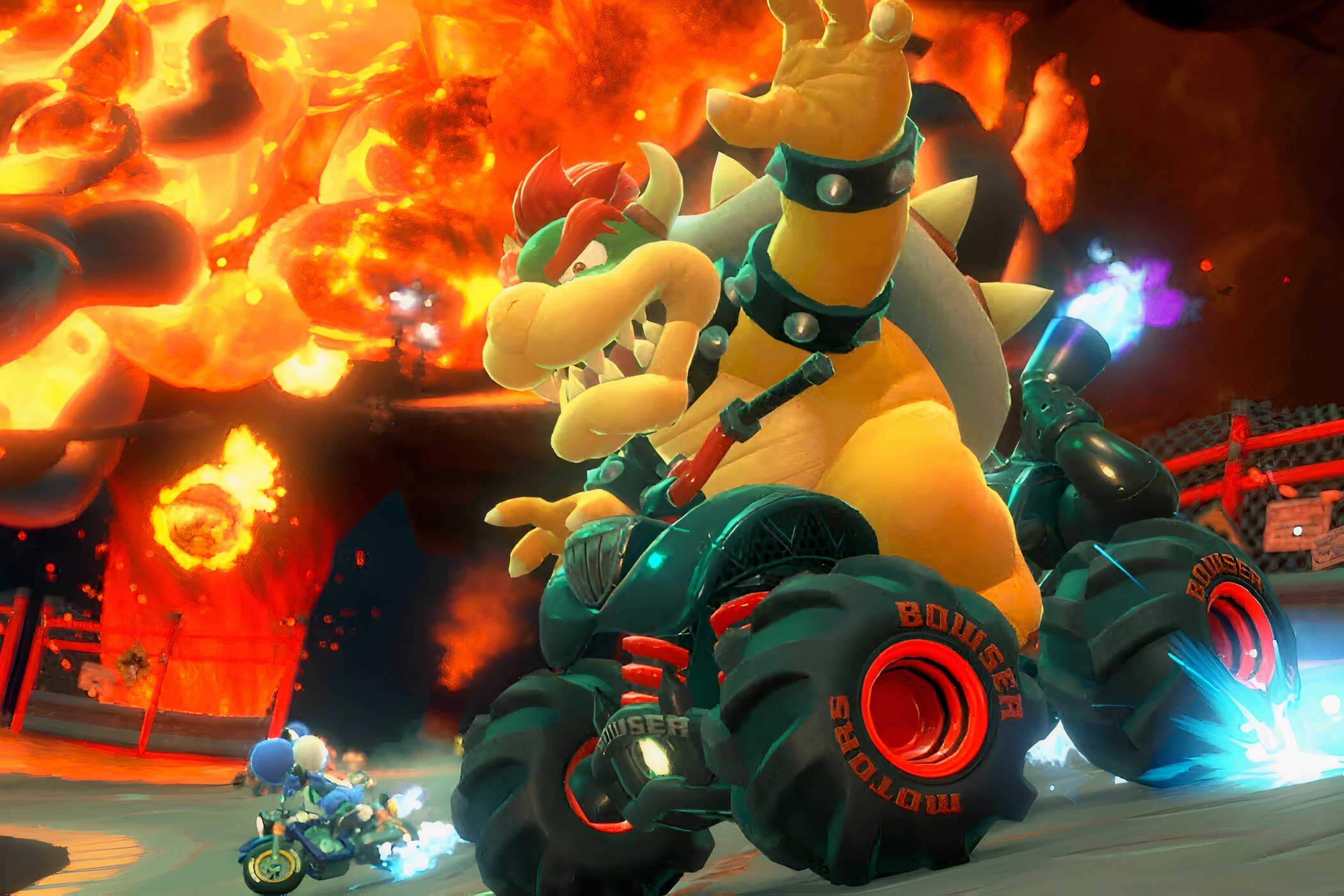 An image from Mario Kart World, showing Bowser the dragon on a racing kart.