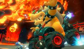 An image from Mario Kart World, showing Bowser the dragon on a racing kart.