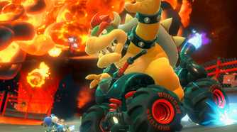 An image from Mario Kart World, showing Bowser the dragon on a racing kart.