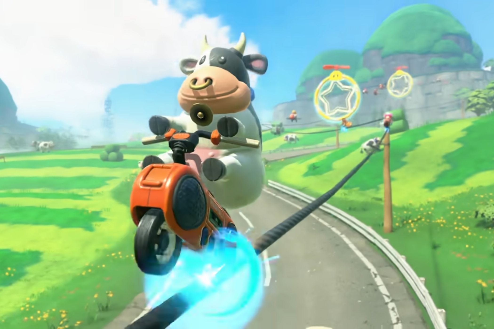 Mario Kart World Moo Moo grinding on wire