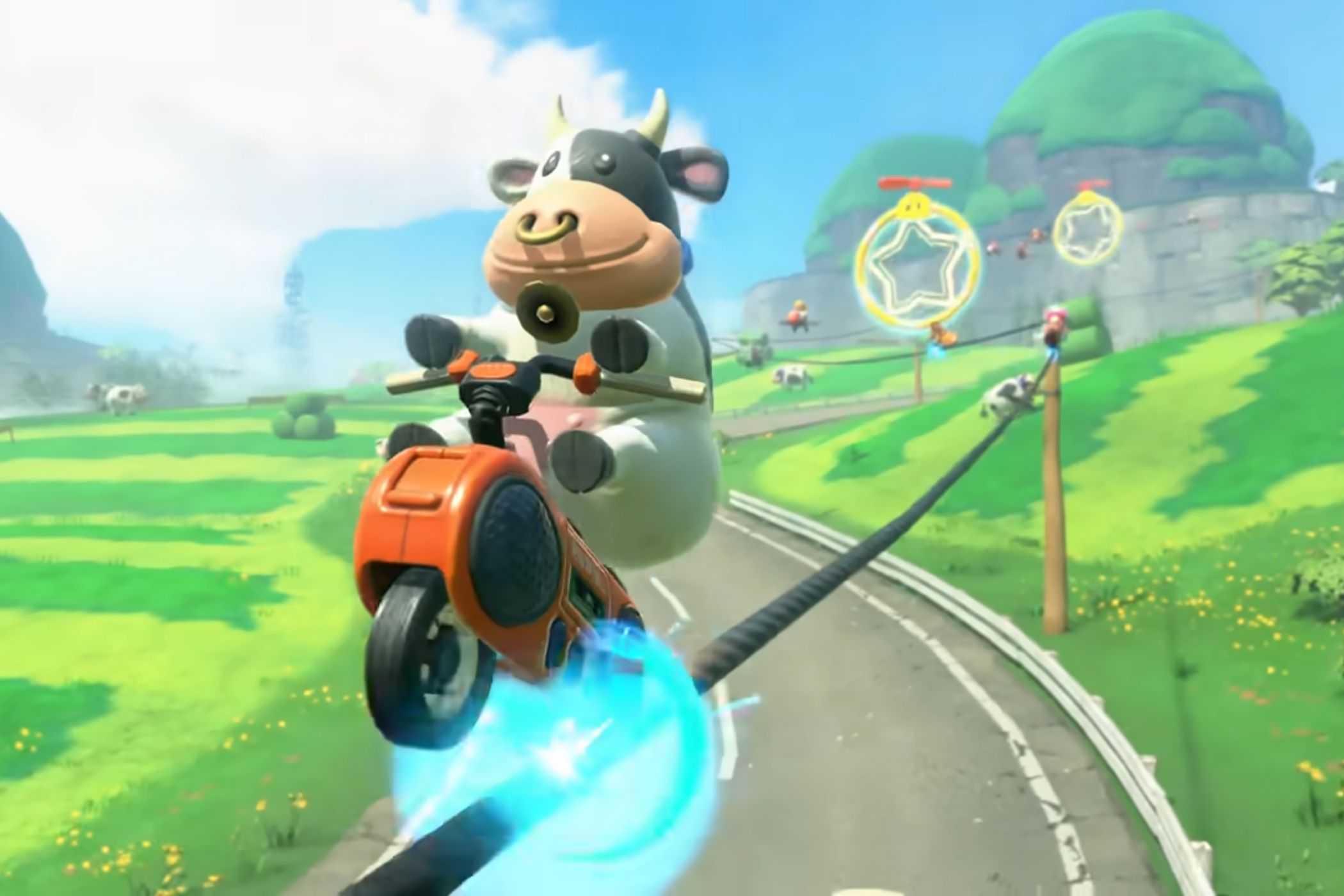 Mario Kart World Moo Moo grinding on wire
