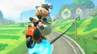 Mario Kart World Moo Moo grinding on wire