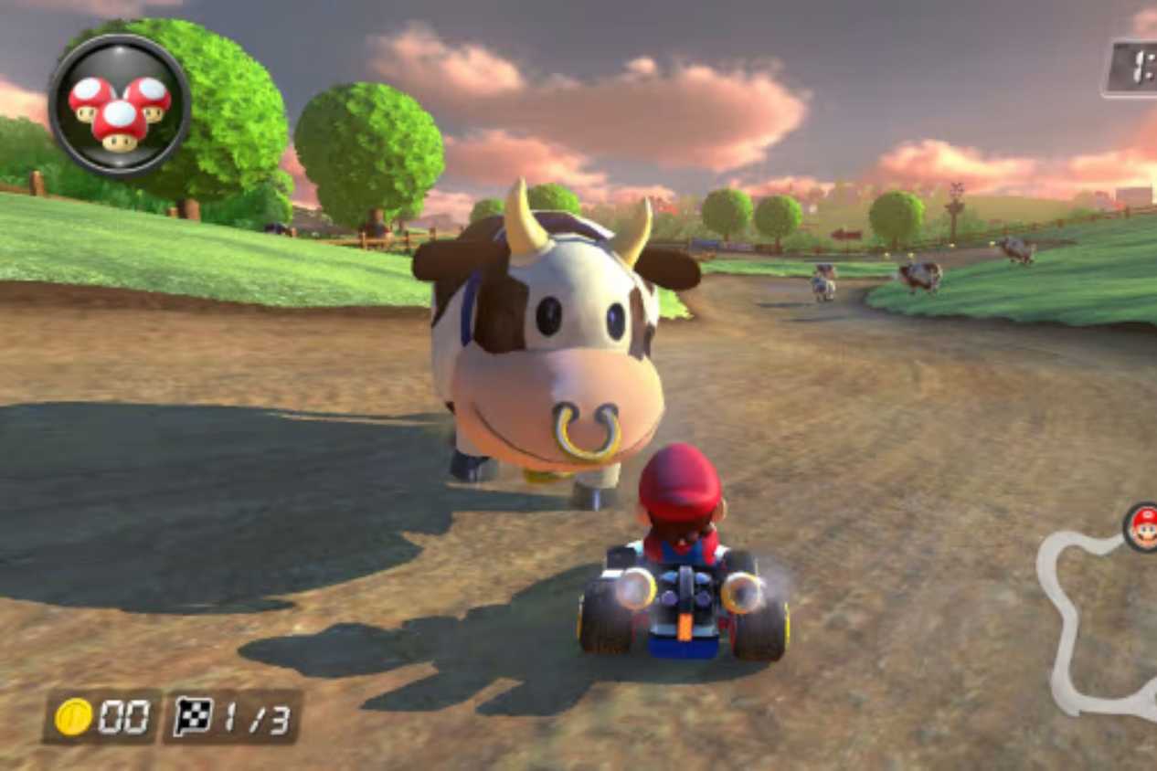 Mario Kart 8 Mario in front of Moo Moo