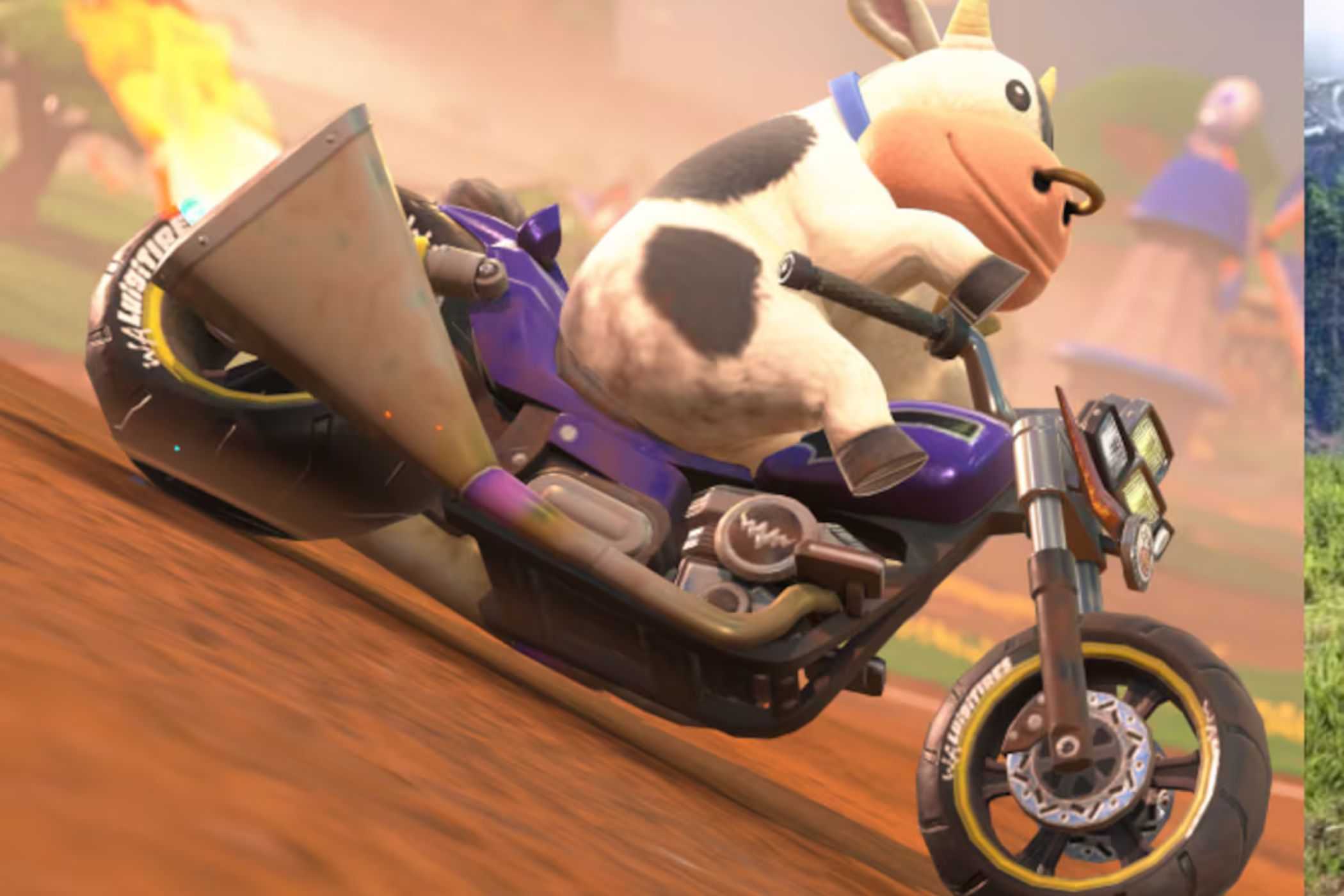Mario Kart World Moo Moo riding motorcycle
