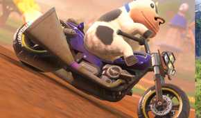 Mario Kart World Moo Moo riding motorcycle
