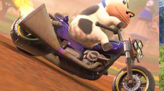 Mario Kart World Moo Moo riding motorcycle