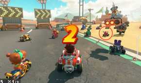 Mario Kart World Para Biddy driving in front of Mario