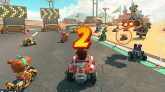 Mario Kart World Para Biddy driving in front of Mario