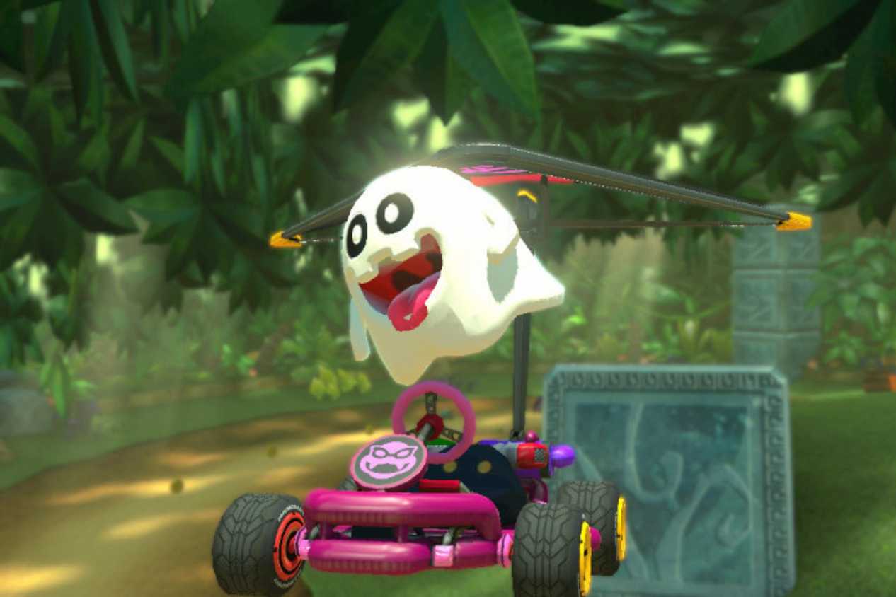 Mario Kart World Peepa gliding in jungle