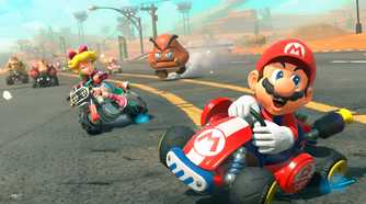 An image from Mario Kart World, showing Mario skidding in a kart as Princess Peach chases him.