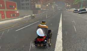 Mario Kart World King Boo driving through Crown City during rainstorm