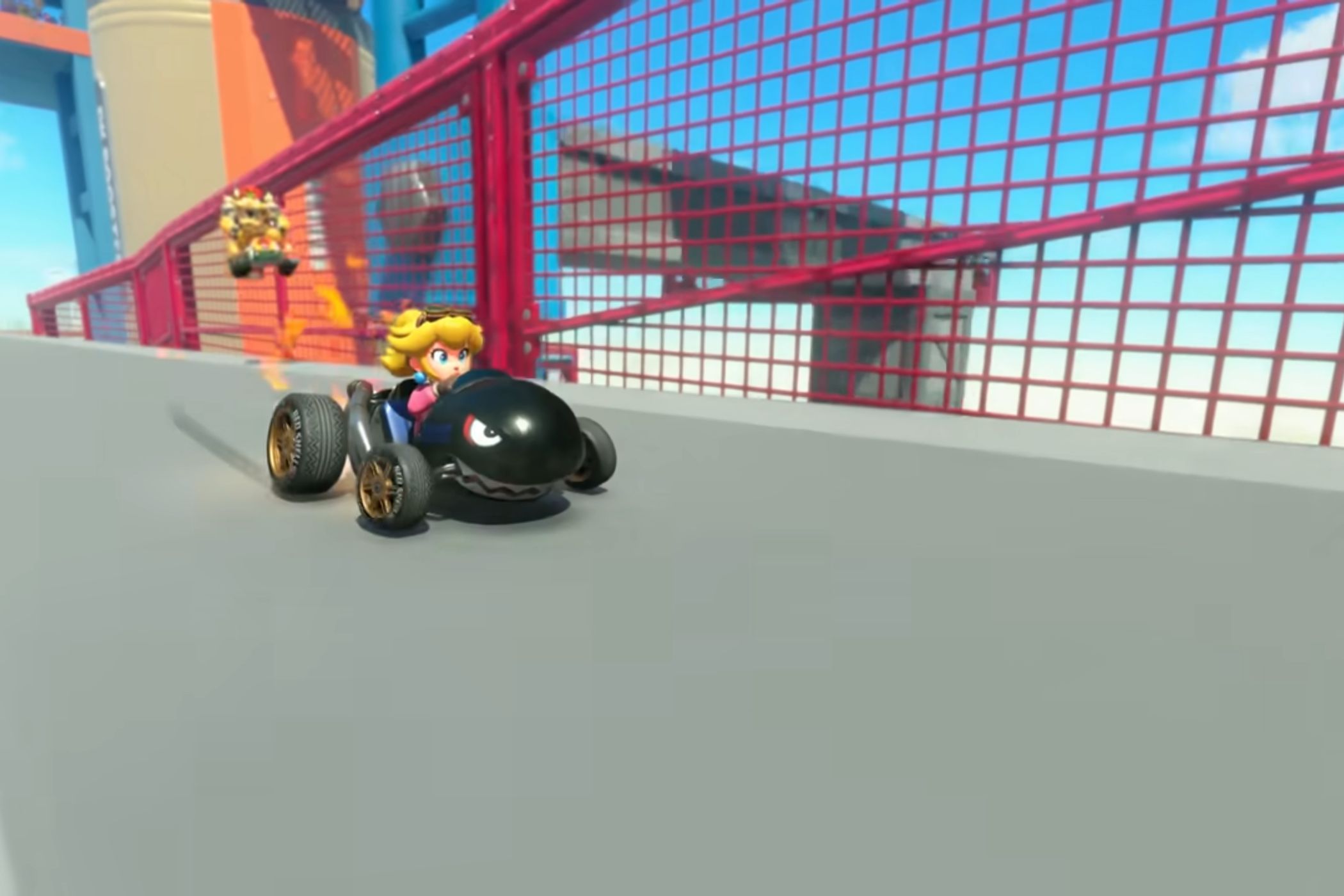 Mario Kart World DK Spaceport Peach driving bullet bill car