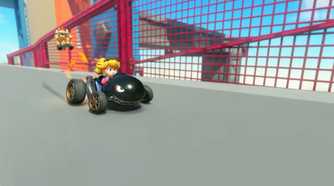 Mario Kart World DK Spaceport Peach driving bullet bill car
