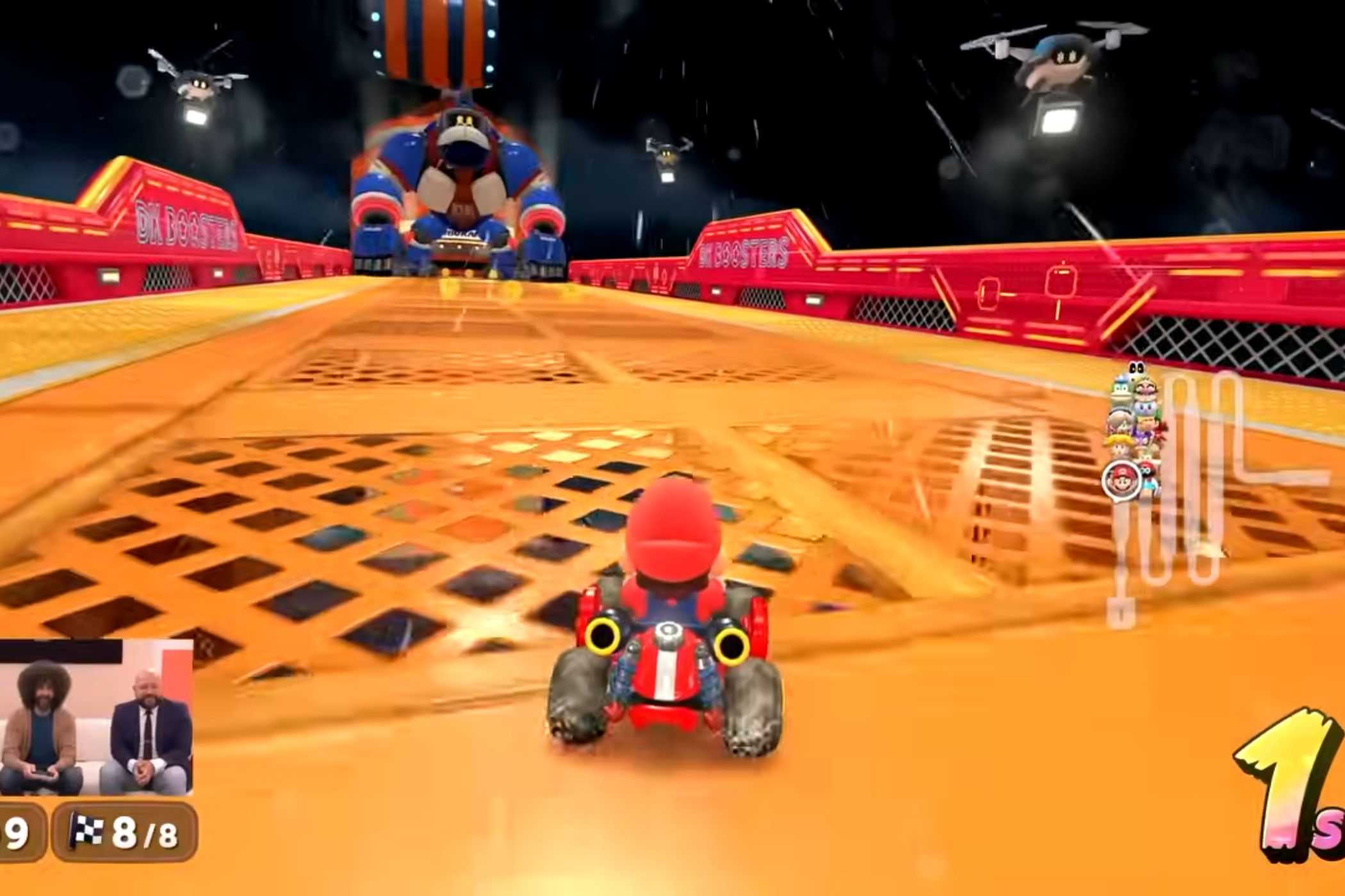 Mario Kart World Mario driving up to Robo DK on DK Spaceport