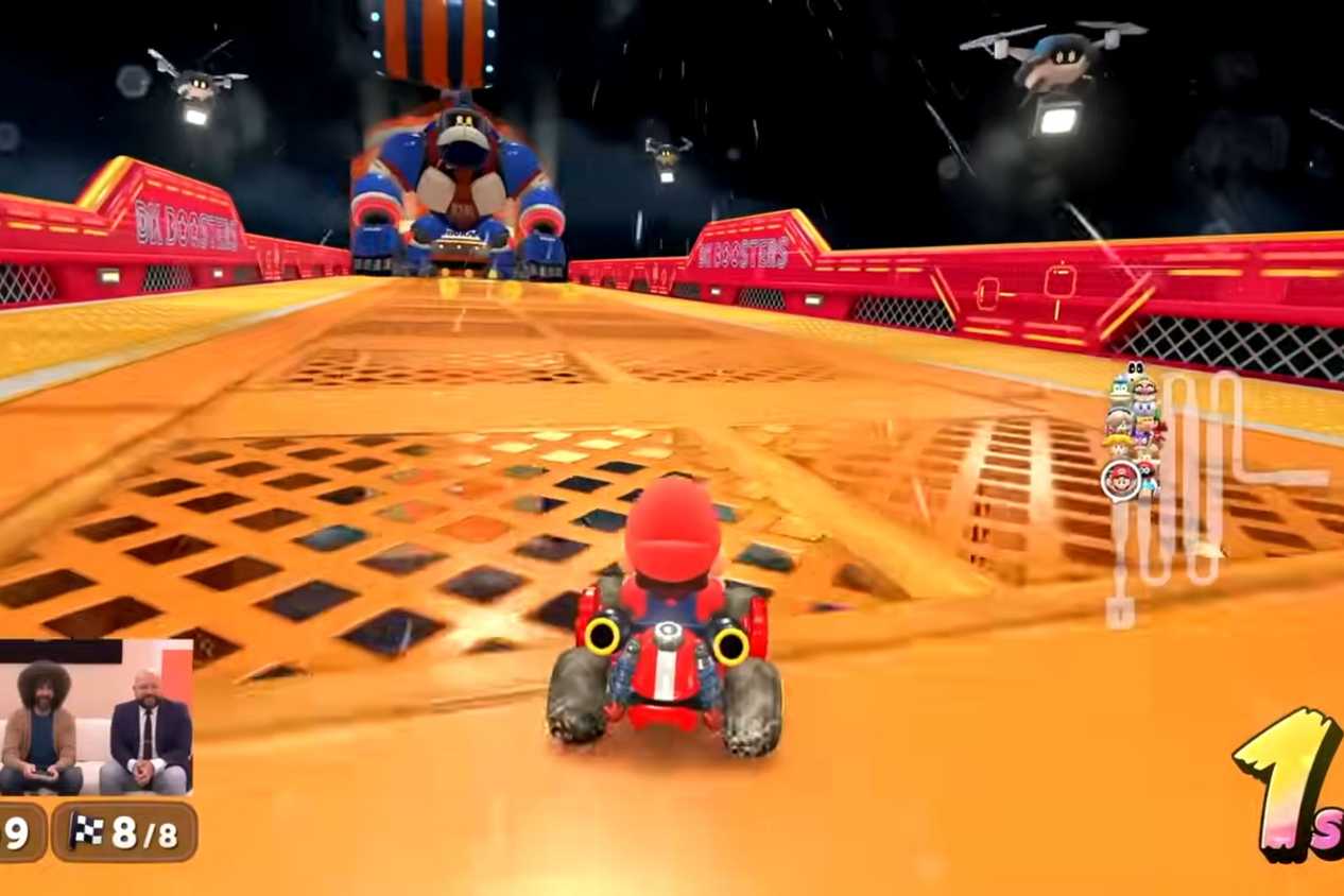 Mario Kart World Mario driving up to Robo DK on DK Spaceport