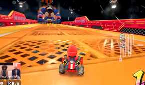 Mario Kart World Mario driving up to Robo DK on DK Spaceport