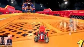 Mario Kart World Mario driving up to Robo DK on DK Spaceport
