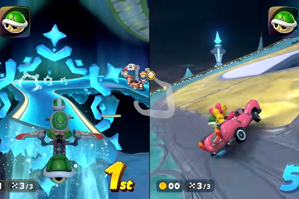 Mario Kart World Starview Peak Koopa jumping to icy road