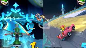 Mario Kart World Starview Peak Koopa jumping to icy road