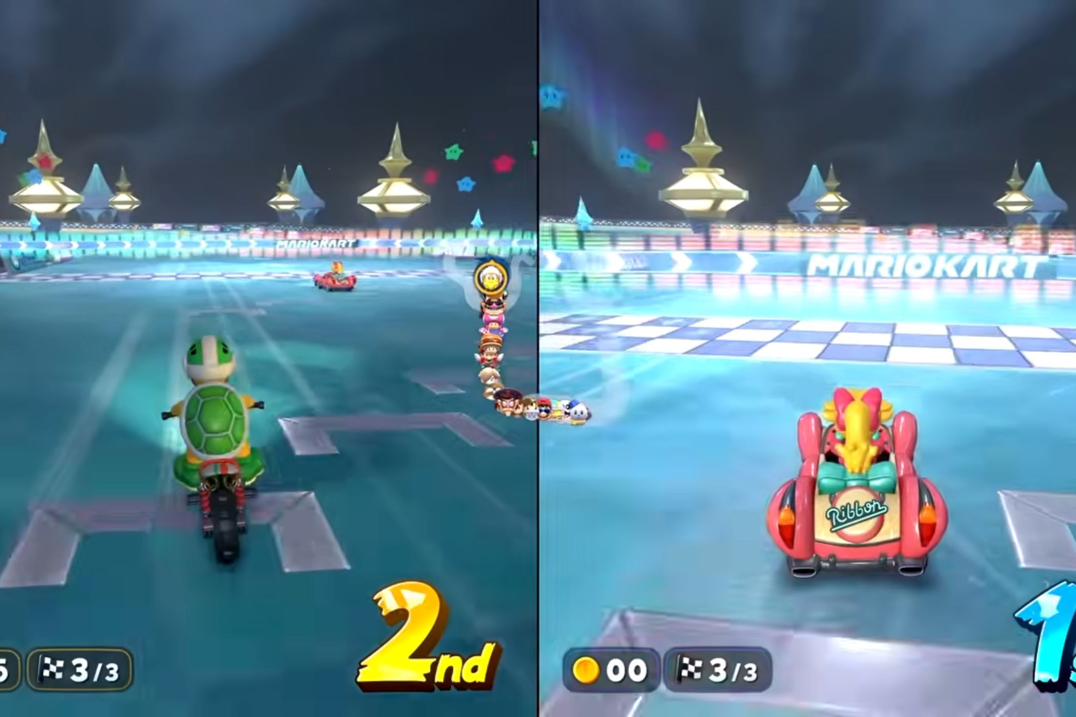 Mario Kart World Starview Peak Koopa and Peach crossing finish line