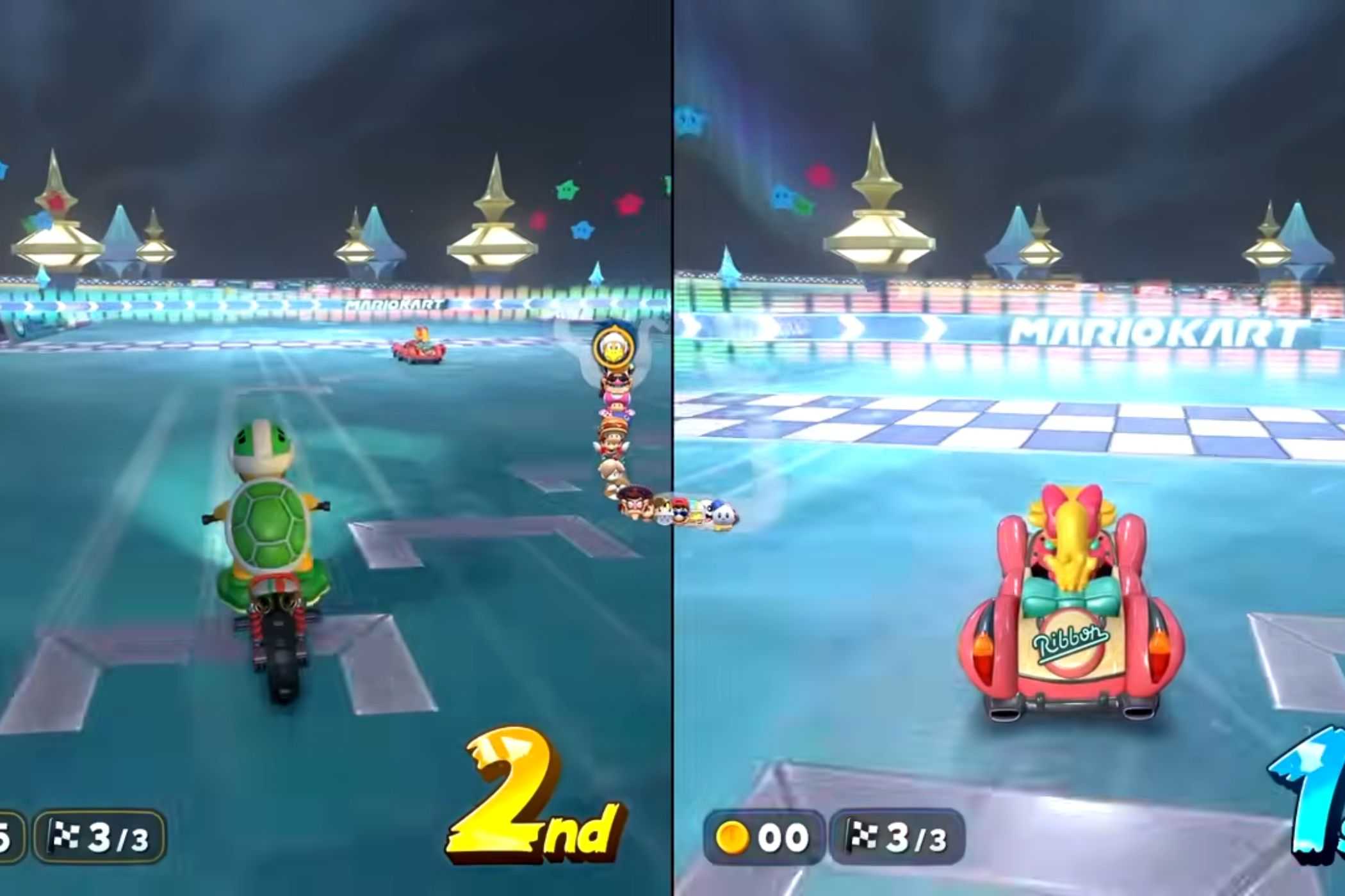 Mario Kart World Starview Peak Koopa and Peach crossing finish line