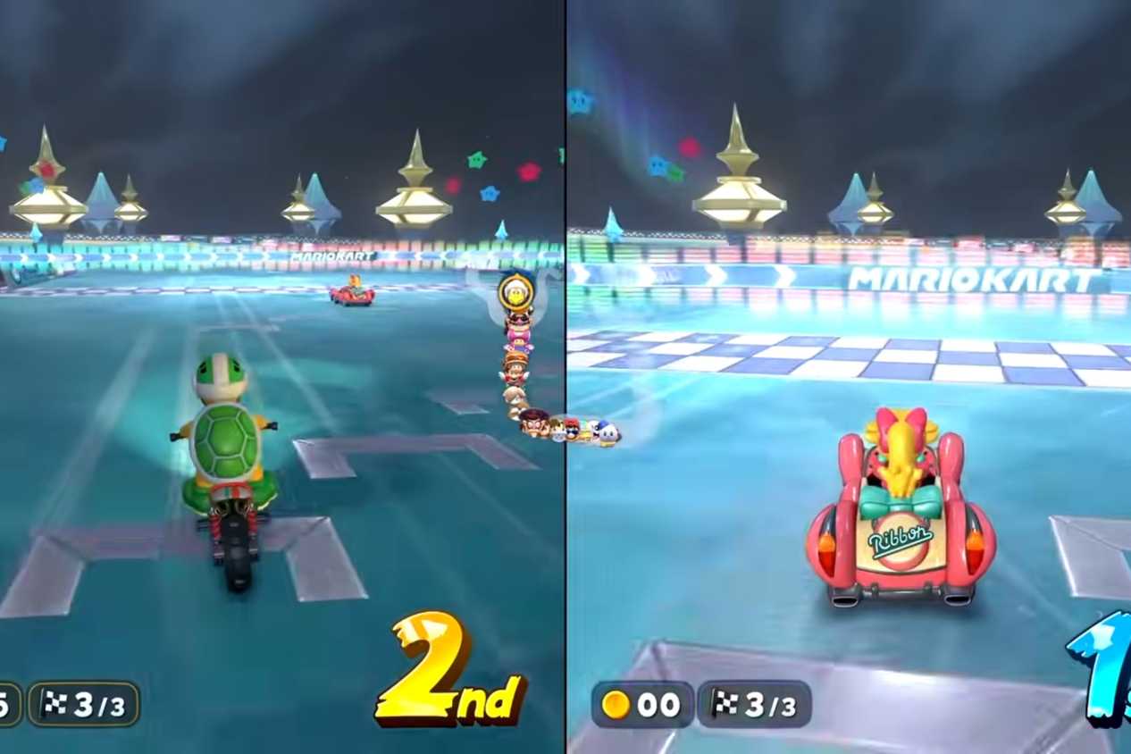 Mario Kart World Starview Peak Koopa and Peach crossing finish line