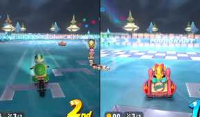 Mario Kart World Starview Peak Koopa and Peach crossing finish line