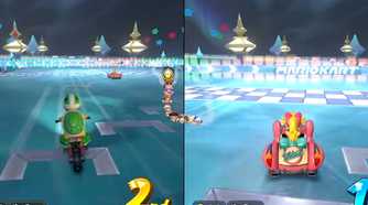 Mario Kart World Starview Peak Koopa and Peach crossing finish line