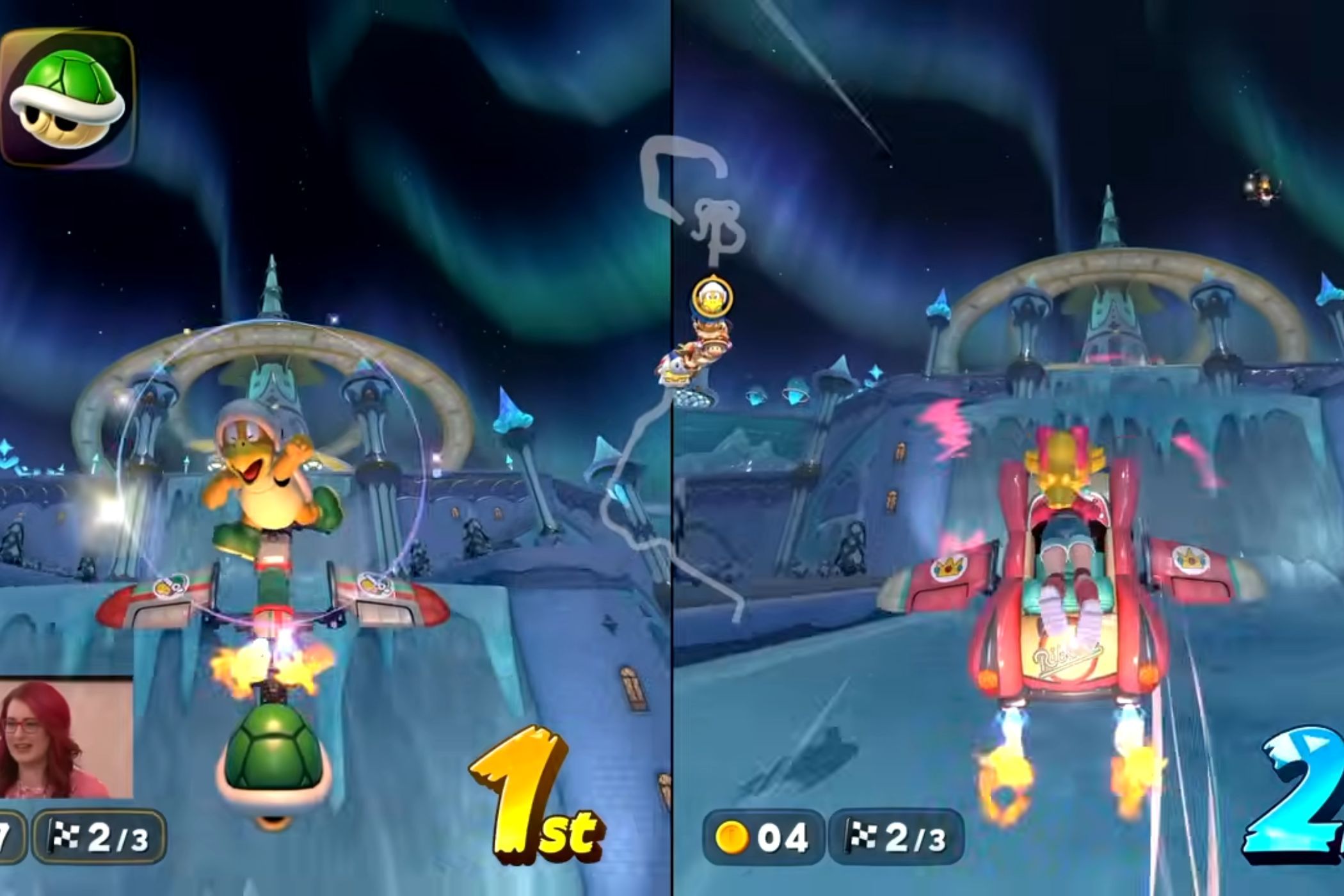 Mario Kart World Starview Peak karts flying to observatory