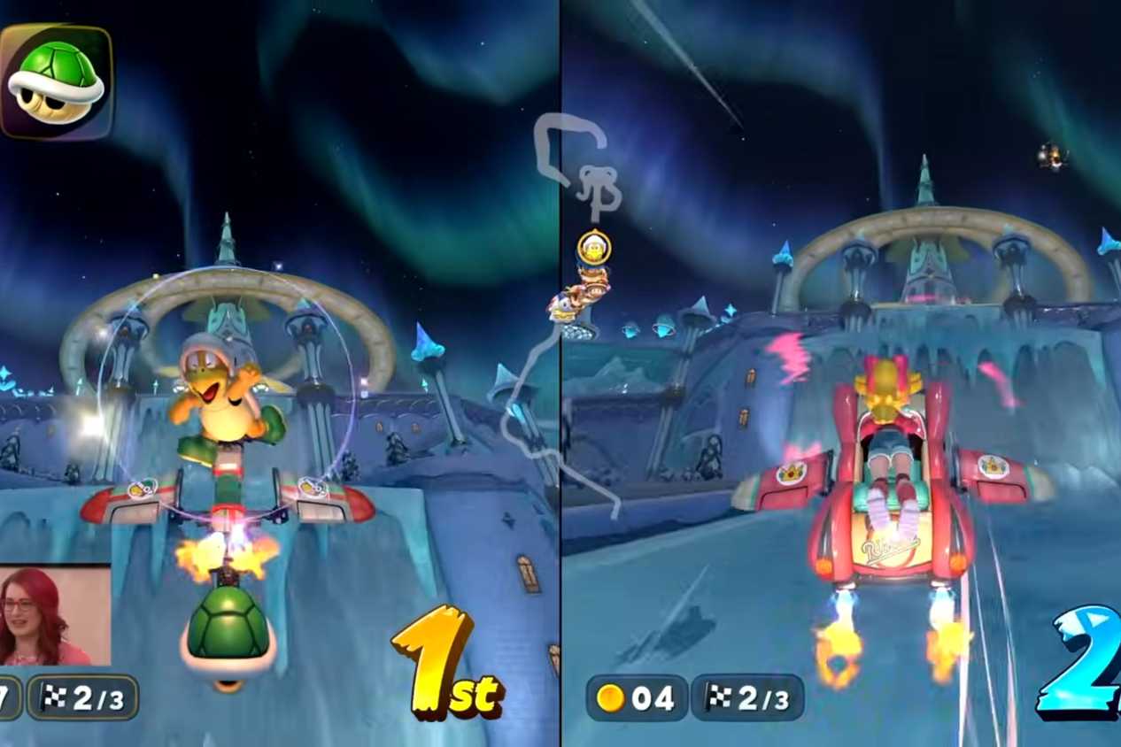Mario Kart World Starview Peak karts flying to observatory