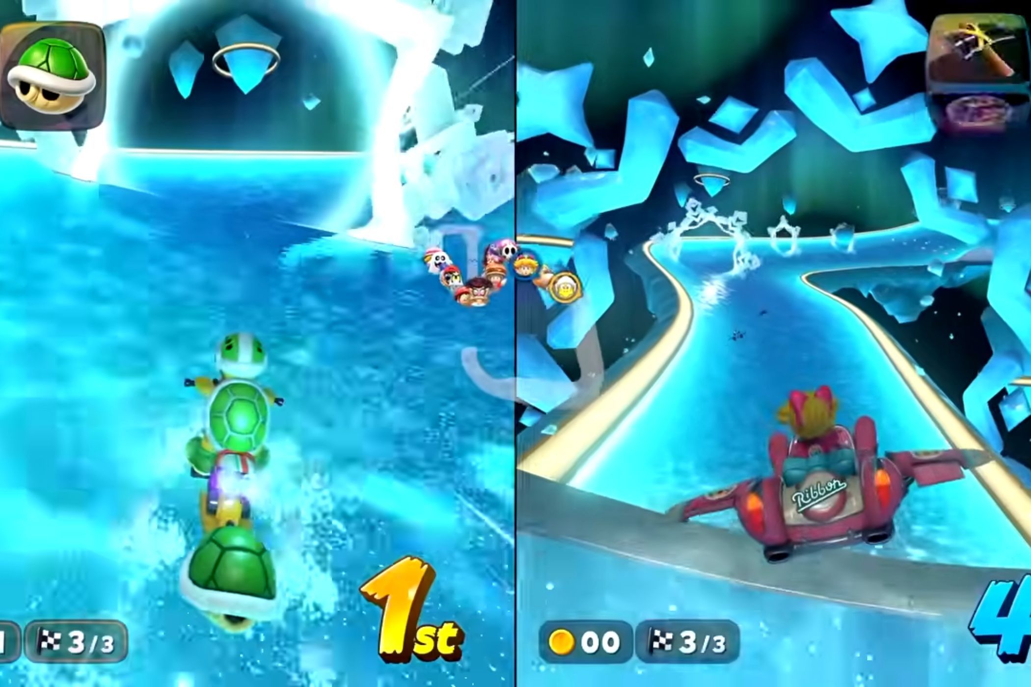 Mario Kart World Starview Peak Koopa and Peach driving on icy road