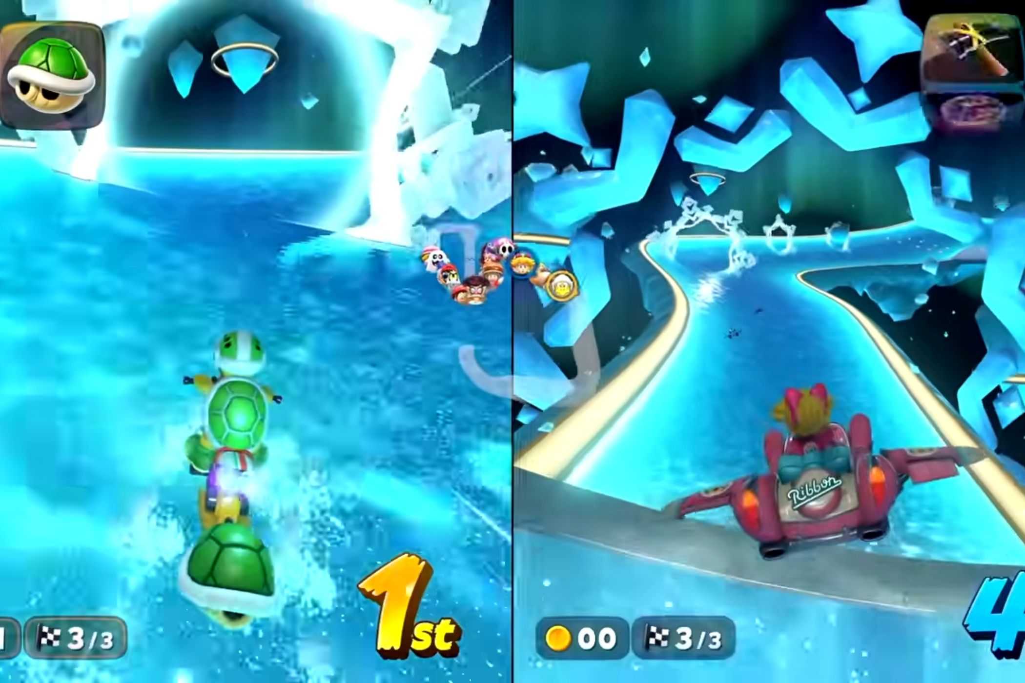 Mario Kart World Starview Peak Koopa and Peach driving on icy road