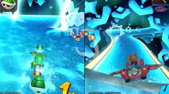 Mario Kart World Starview Peak Koopa and Peach driving on icy road