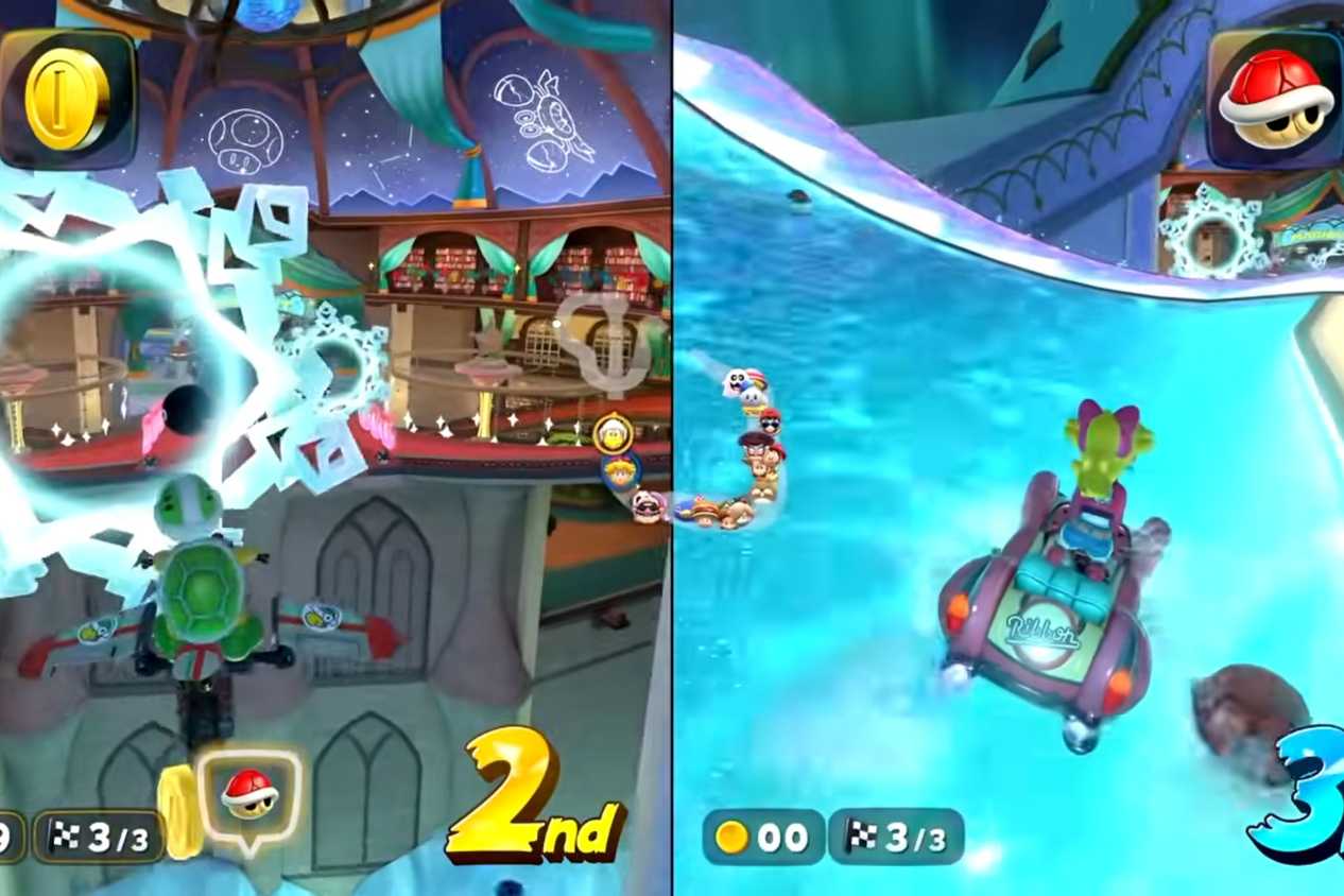 Mario Kart World Starview Peak Koopa and Peach driving in interior of observatory