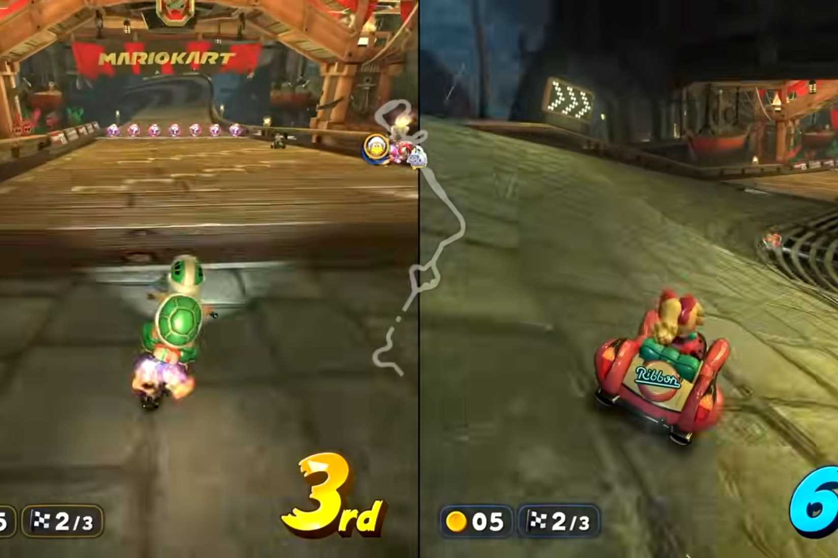 Mario Kart World Koopa and Peach driving through Wario Shipyard