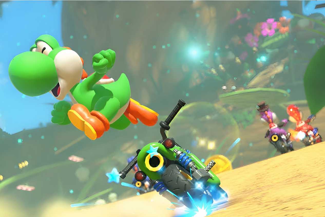 An image from Mario Kart World, showing Yoshi the dinosaur jumping off a green bike.