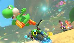 An image from Mario Kart World, showing Yoshi the dinosaur jumping off a green bike.