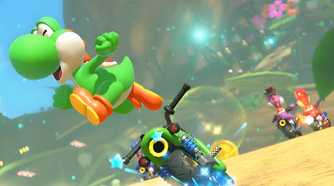 An image from Mario Kart World, showing Yoshi the dinosaur jumping off a green bike.