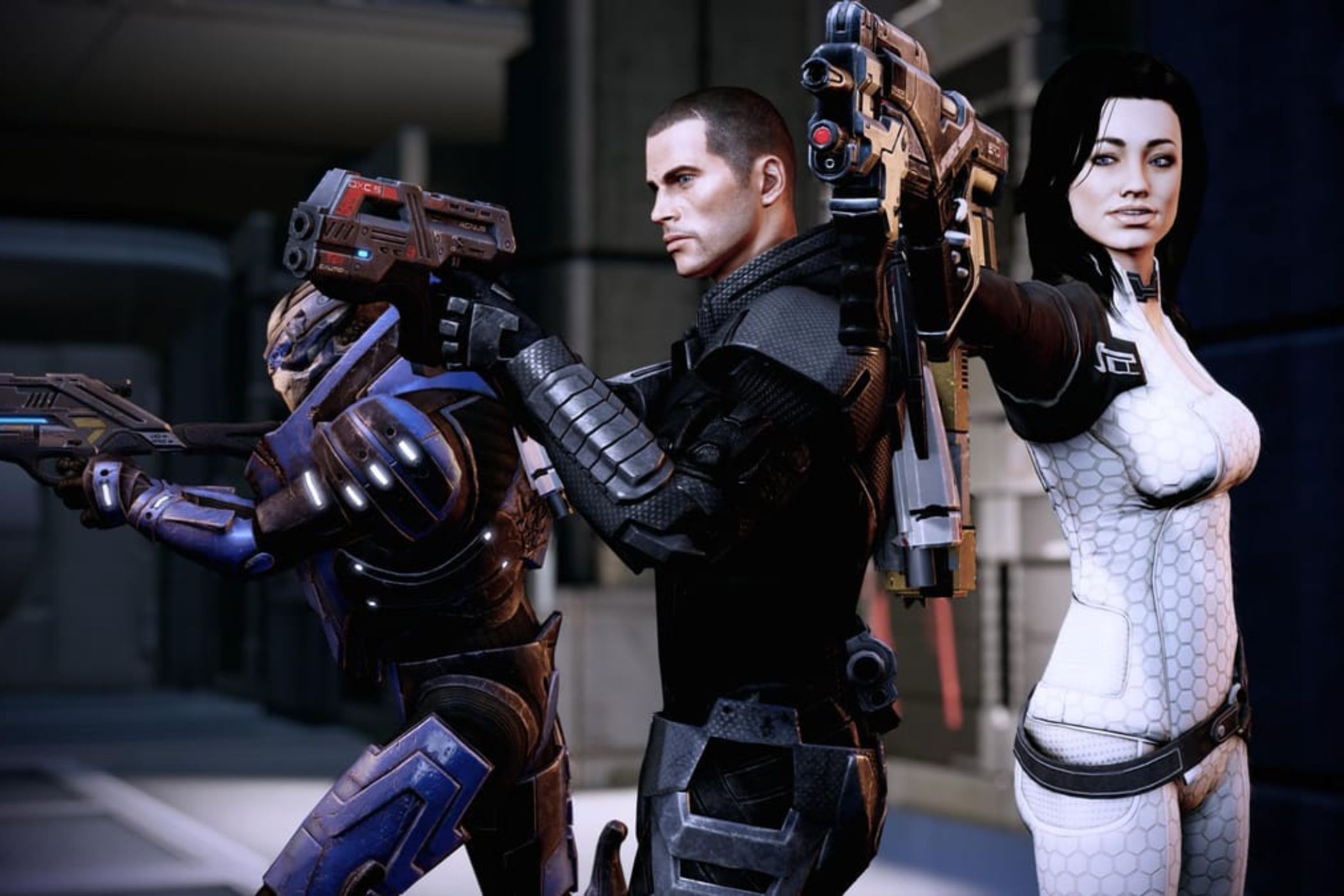 Shephard and his crew from Mass Effect 2