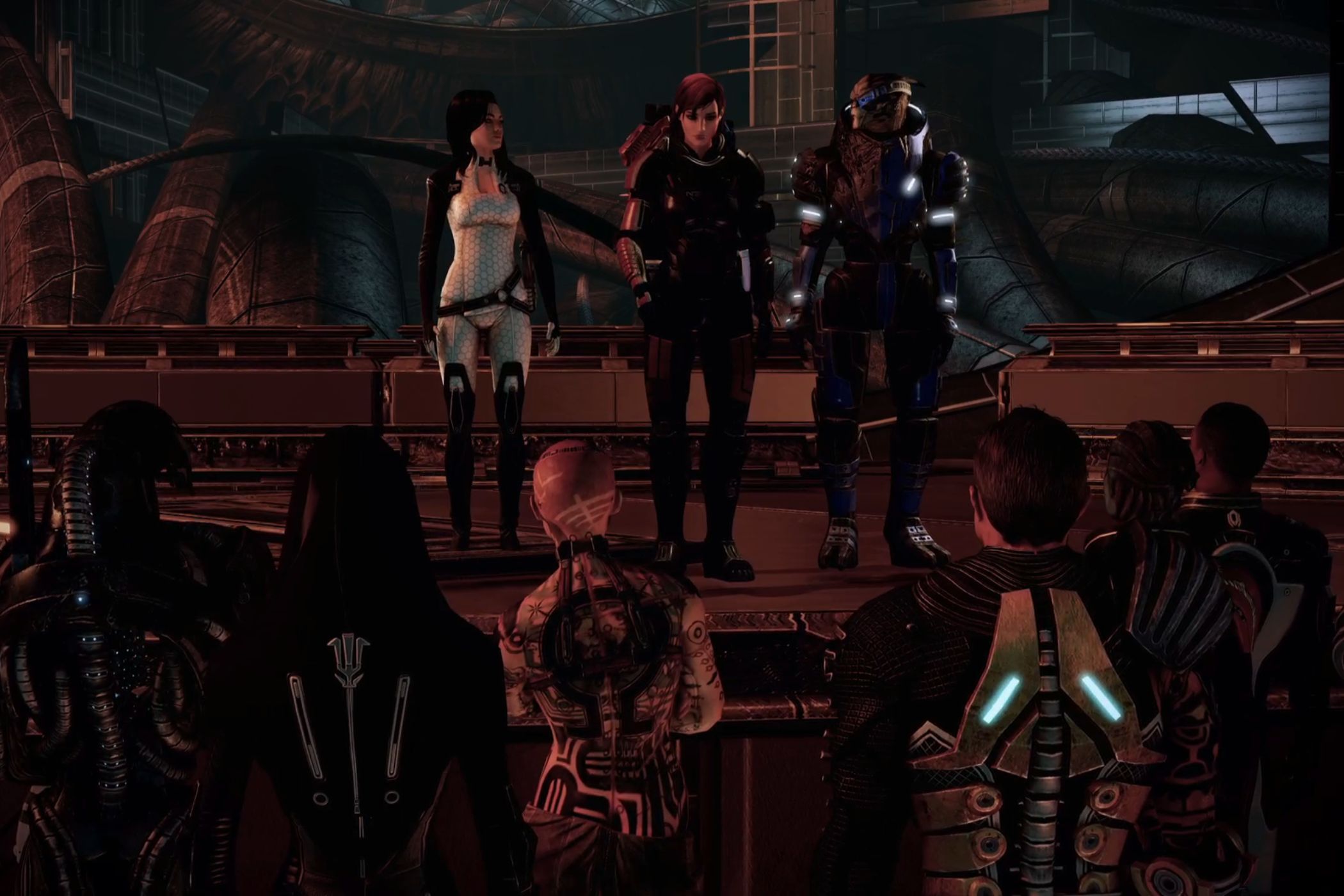 Shephard giving a speech to his crew at the end of Mass Effect 2
