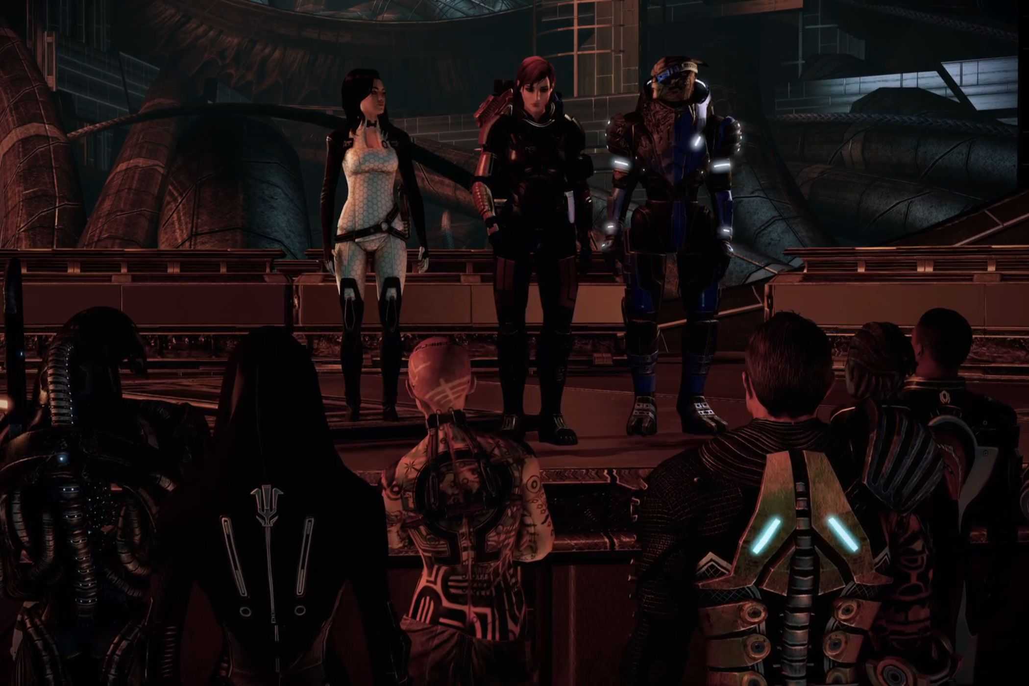 Shephard giving a speech to his crew at the end of Mass Effect 2